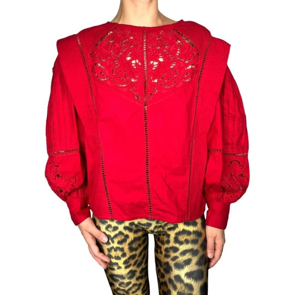 Maria Cher Blouse Red Eyelet Embroidery Lace Pintuck Long Sleeve Cotton Top